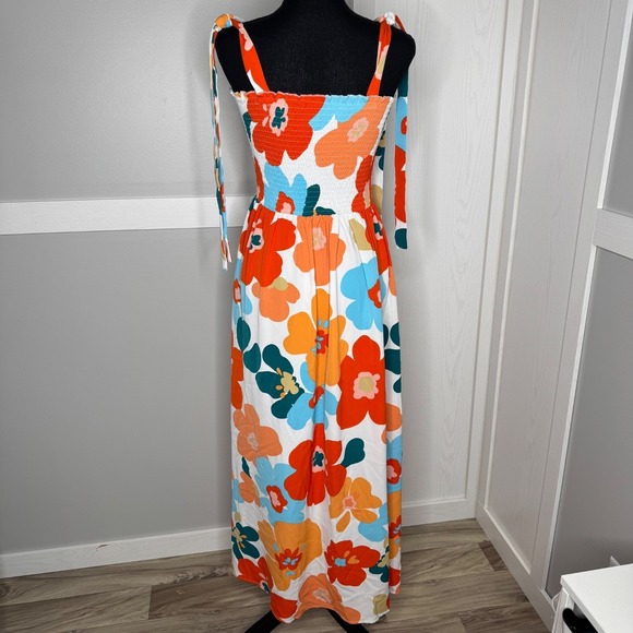 Floral Maxi Dress Size S Smocked Bodice Tie Straps Pockets Bright Print NWT - Picture 6 of 9